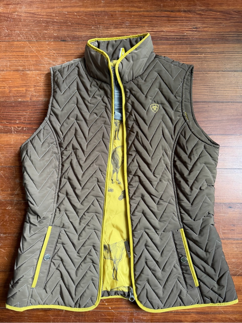Ariat Olive Quilted Vest with Yellow Trim Accents